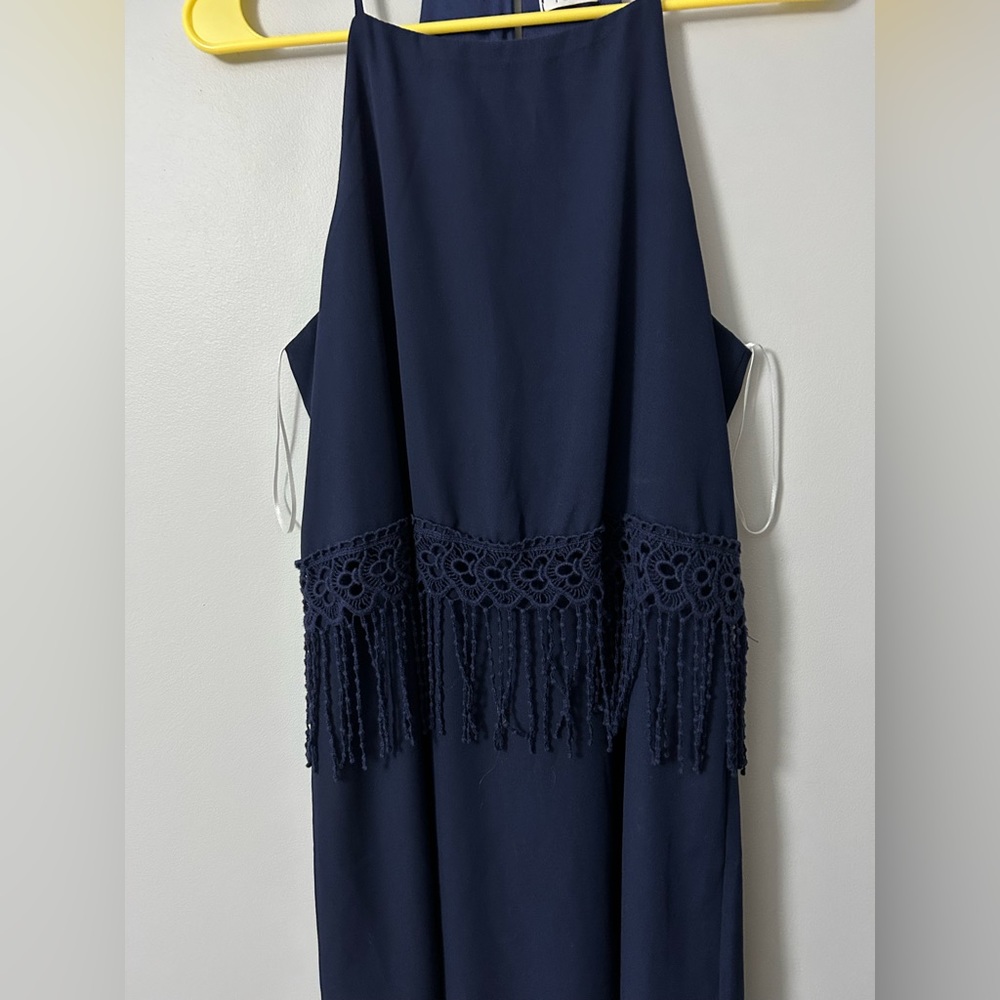 Tobi navy blue dress high neck dress with tassel detail, size M